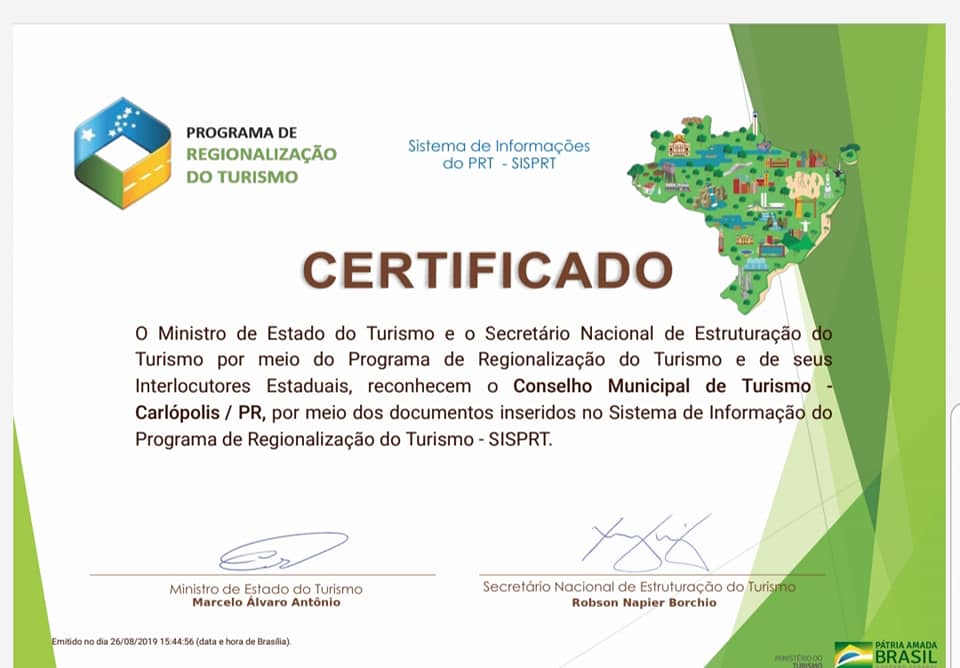 Carlópolis recebe certificados do Ministério do Turismo